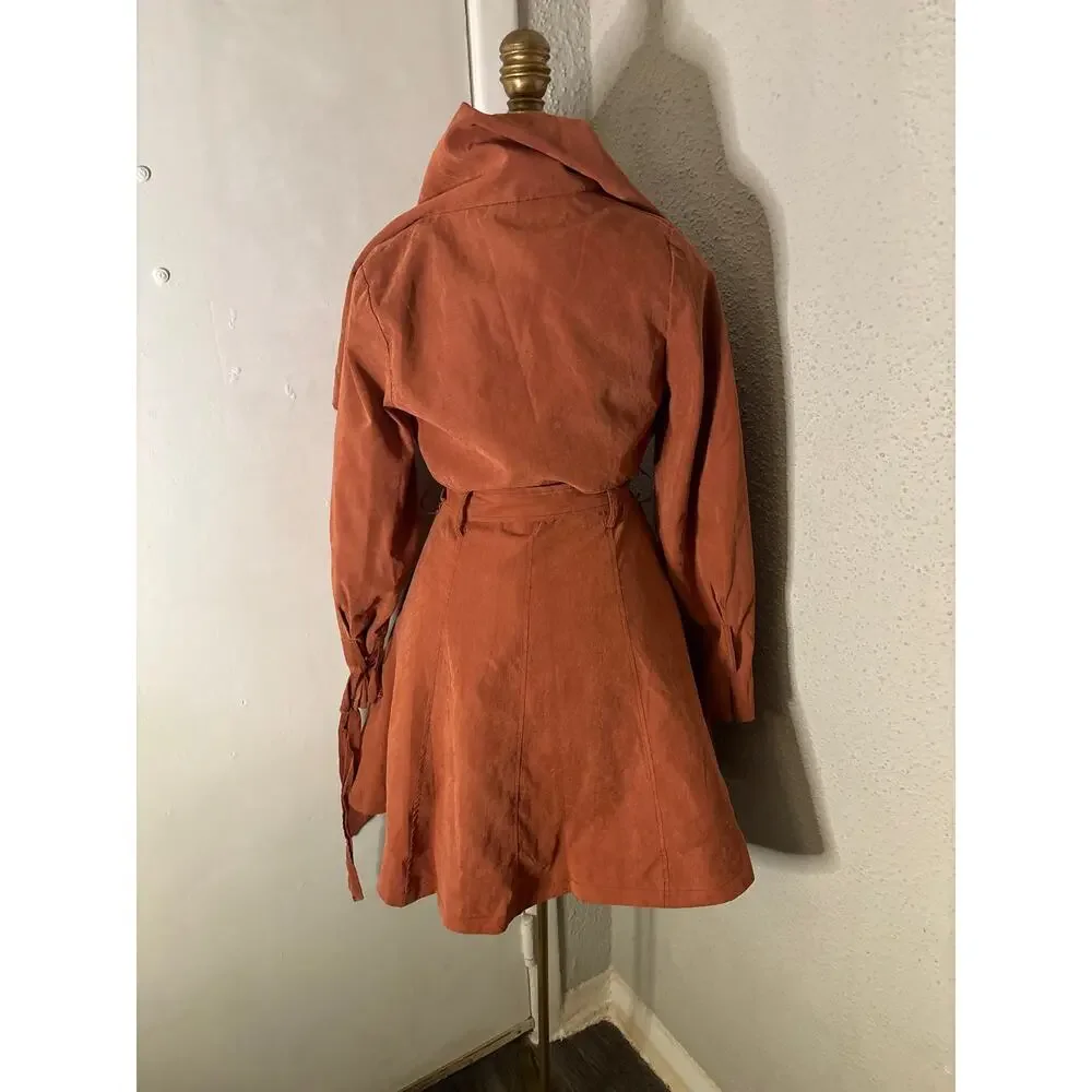 Brown Double Breasted Capelet Trench Coat S NEW Classic Retro Glam Preppy Retro - Picture 3 of 11